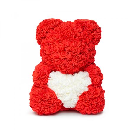 Rózsamaci 40 cm piros-fehér szívvel +ajándék doboz