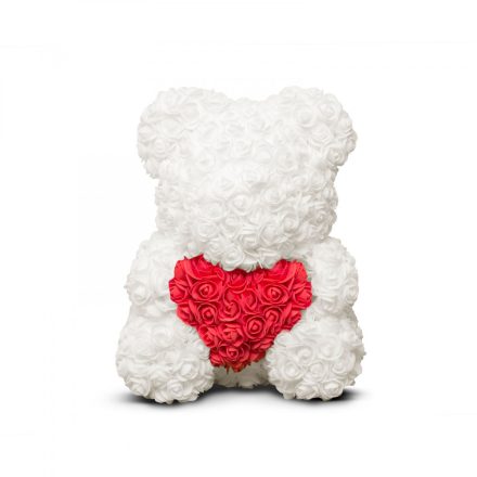 Rózsamaci 25 cm fehér-piros szívvel +ajándék doboz
