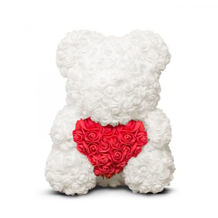 Rózsamaci 40 cm fehér-piros szívvel +ajándék doboz