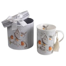   Bögre kerámia díszdobozban karácsonyi ’vörösbegyek’