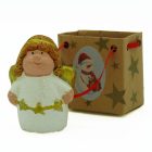 Kerámia figura ajándék papírtasakban angyal/hóember/jávorszarvas/télapó mintával