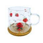 Üvegpohár epres minta, buborékos alj+ bambusz tető 310ML