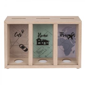   Fa persely 3 rekesszel Car/Home/Travels (Autó/Otthon/Utazás) kb 16 x 24 x 7 cm 
